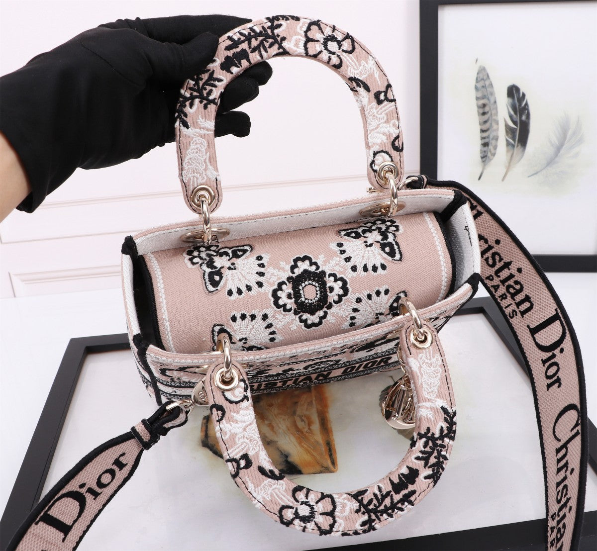 Dior Vintage Black and White Embroidered Floral Top Handle Handbag