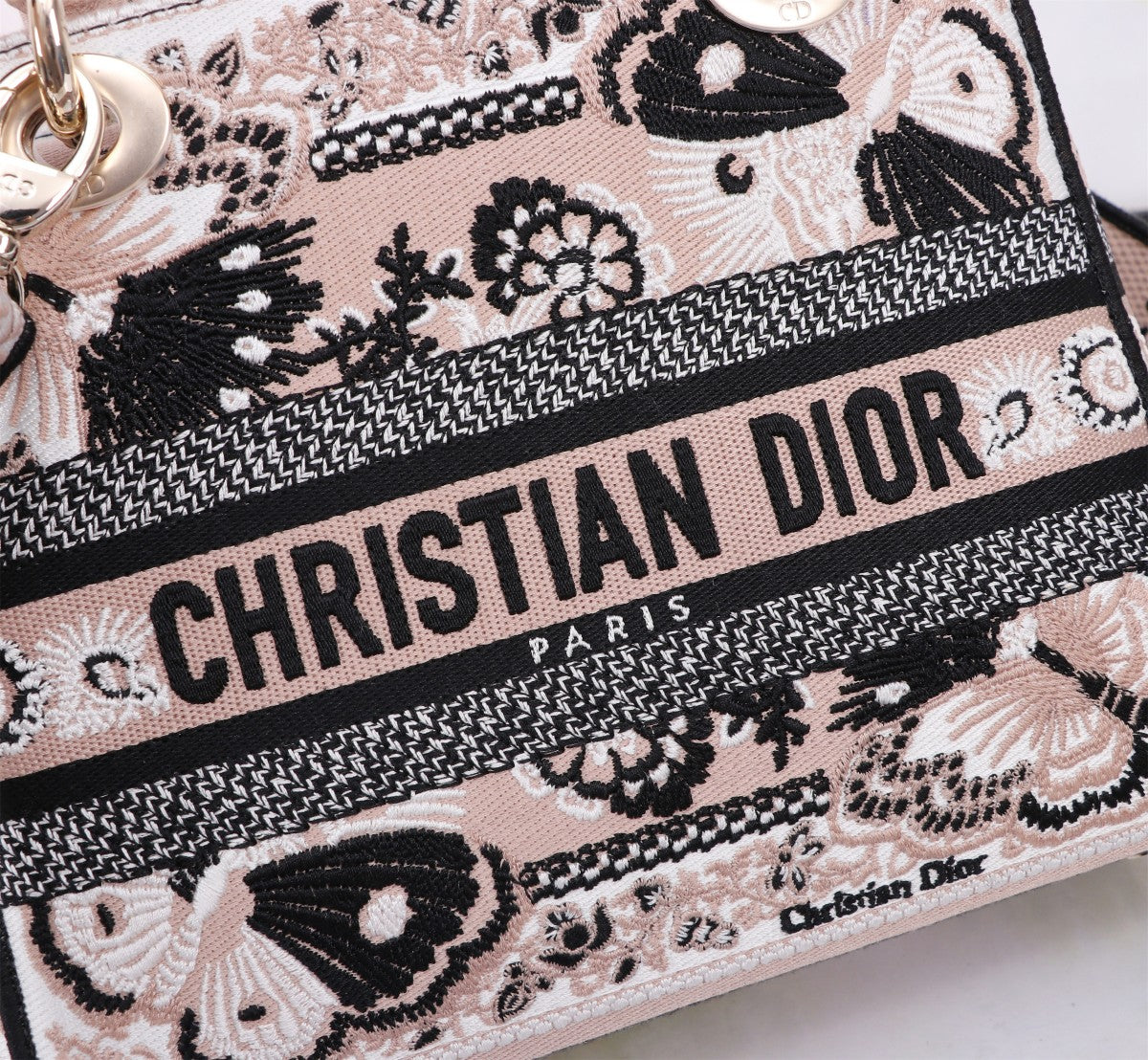 Dior Floral Embroidered Canvas Top Handle Bag with Shoulder Strap