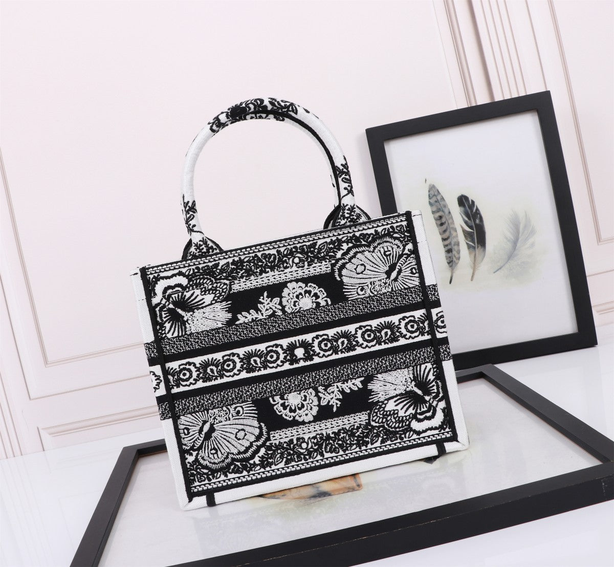 Christian Dior Medium Book Tote Bag - Black & White Embroidered Canvas
