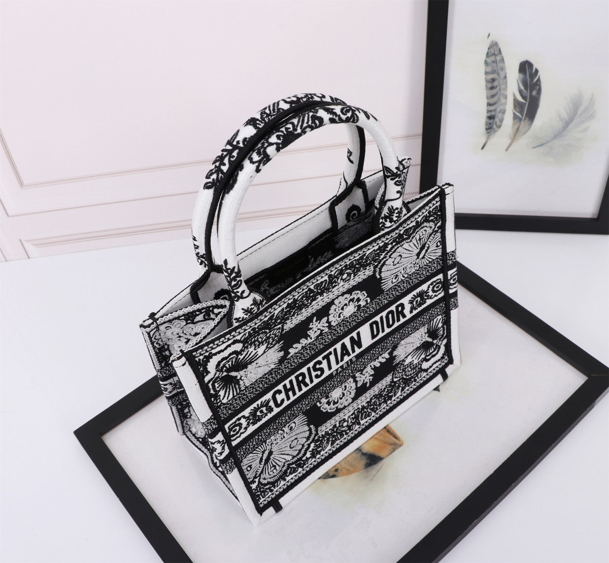 Christian Dior Black and White Embroidered Book Tote Bag