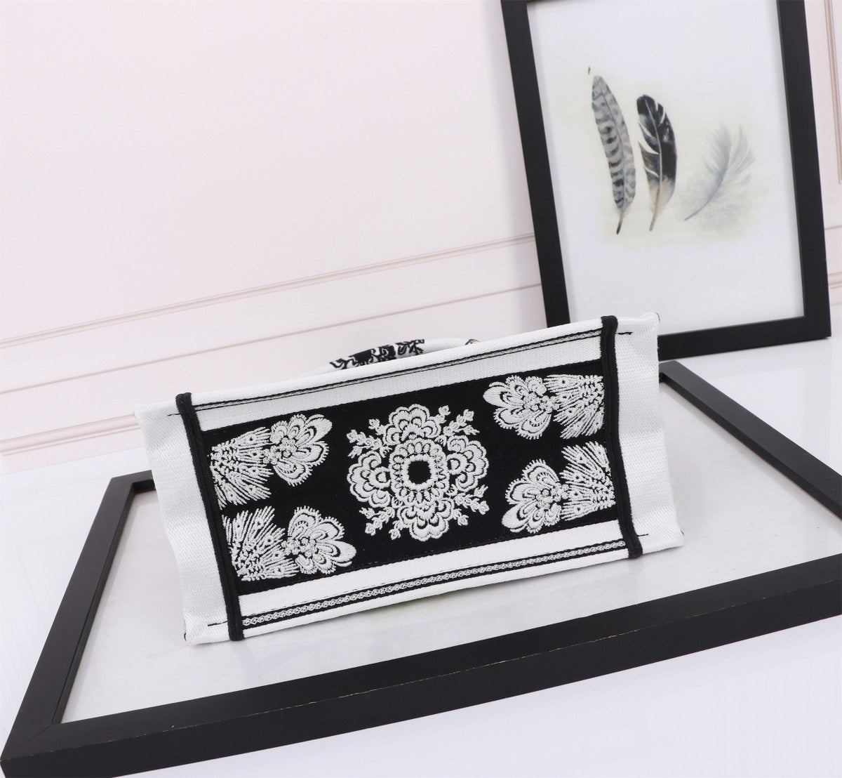 Christian Dior Black and White Embroidered Book Tote Bag