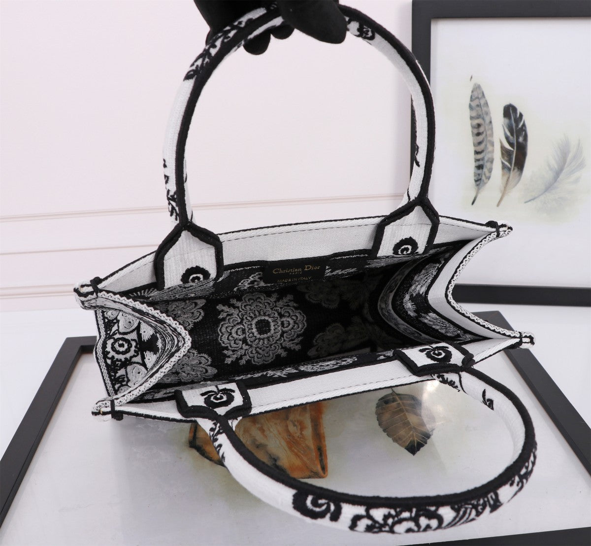 Dior Elegant Black and White Floral Embroidered Canvas Tote Handbag