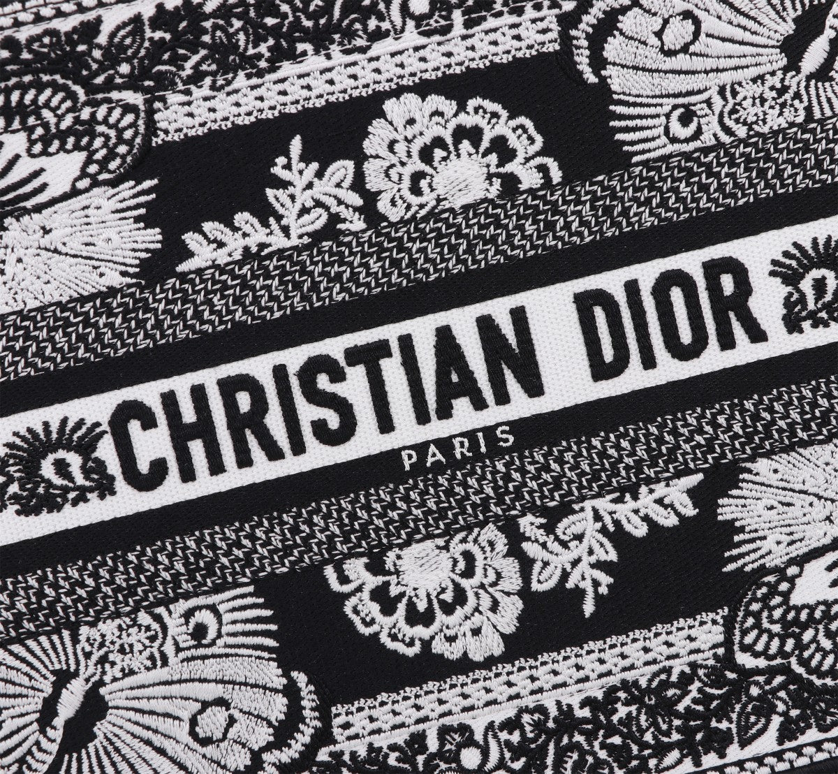 Dior Elegant Black and White Floral Embroidered Canvas Tote Handbag