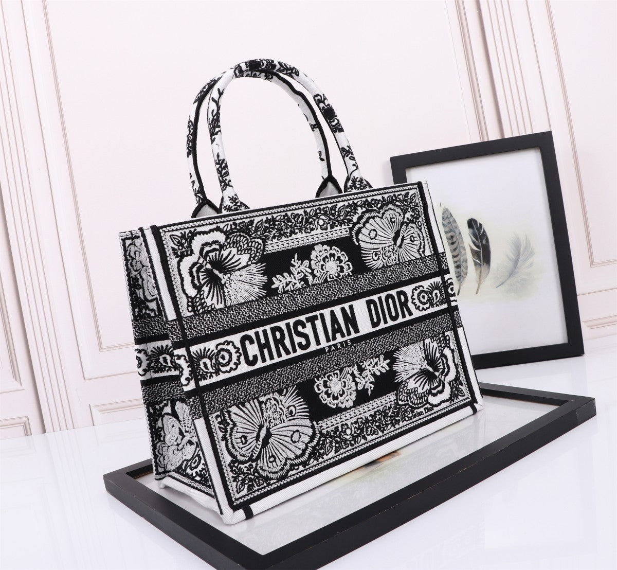 Dior Black and White Embroidered Butterfly Canvas Tote Handbag
