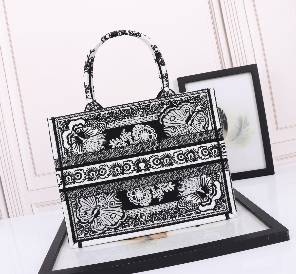 Christian Dior Book Tote Bag with Black and White Butterfly Embroidery