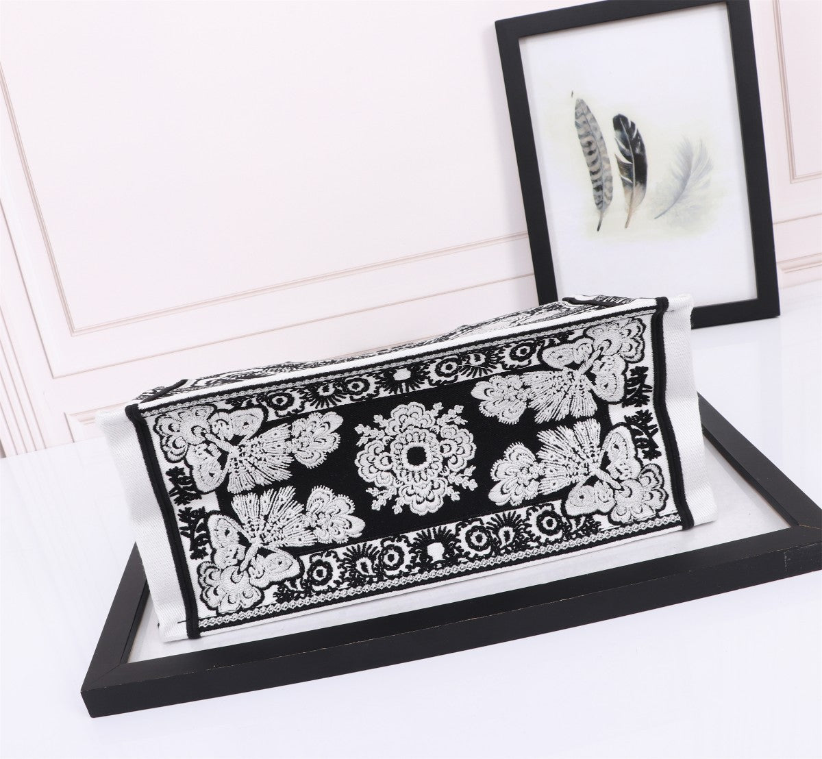 Dior Black and White Butterfly Print Embroidered Canvas Tote Bag