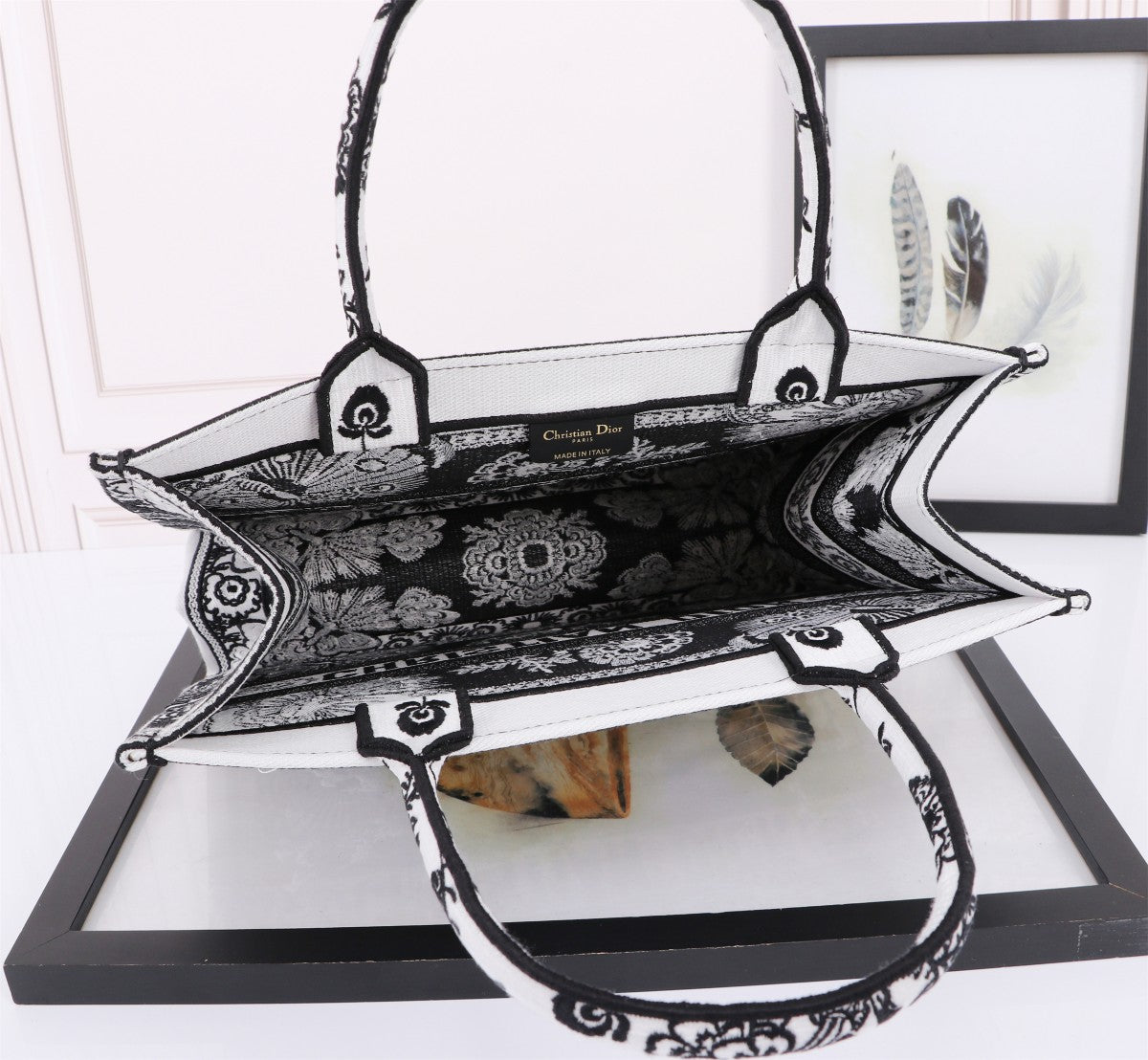 Dior Black and White Butterfly Print Embroidered Canvas Tote Bag