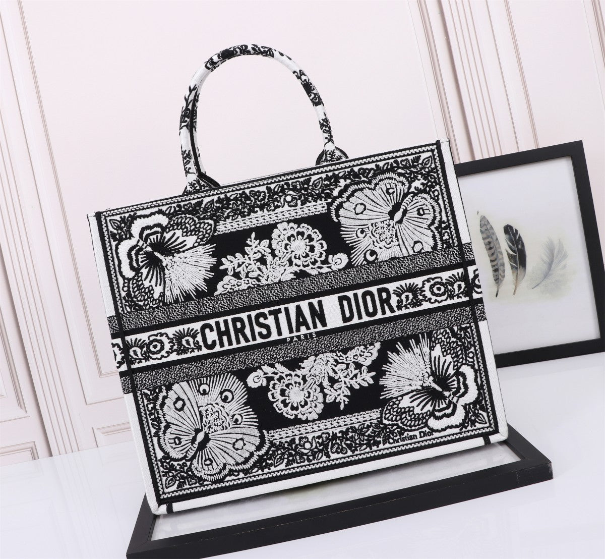 Christian Dior Book Tote Black and White Butterfly Embroidery