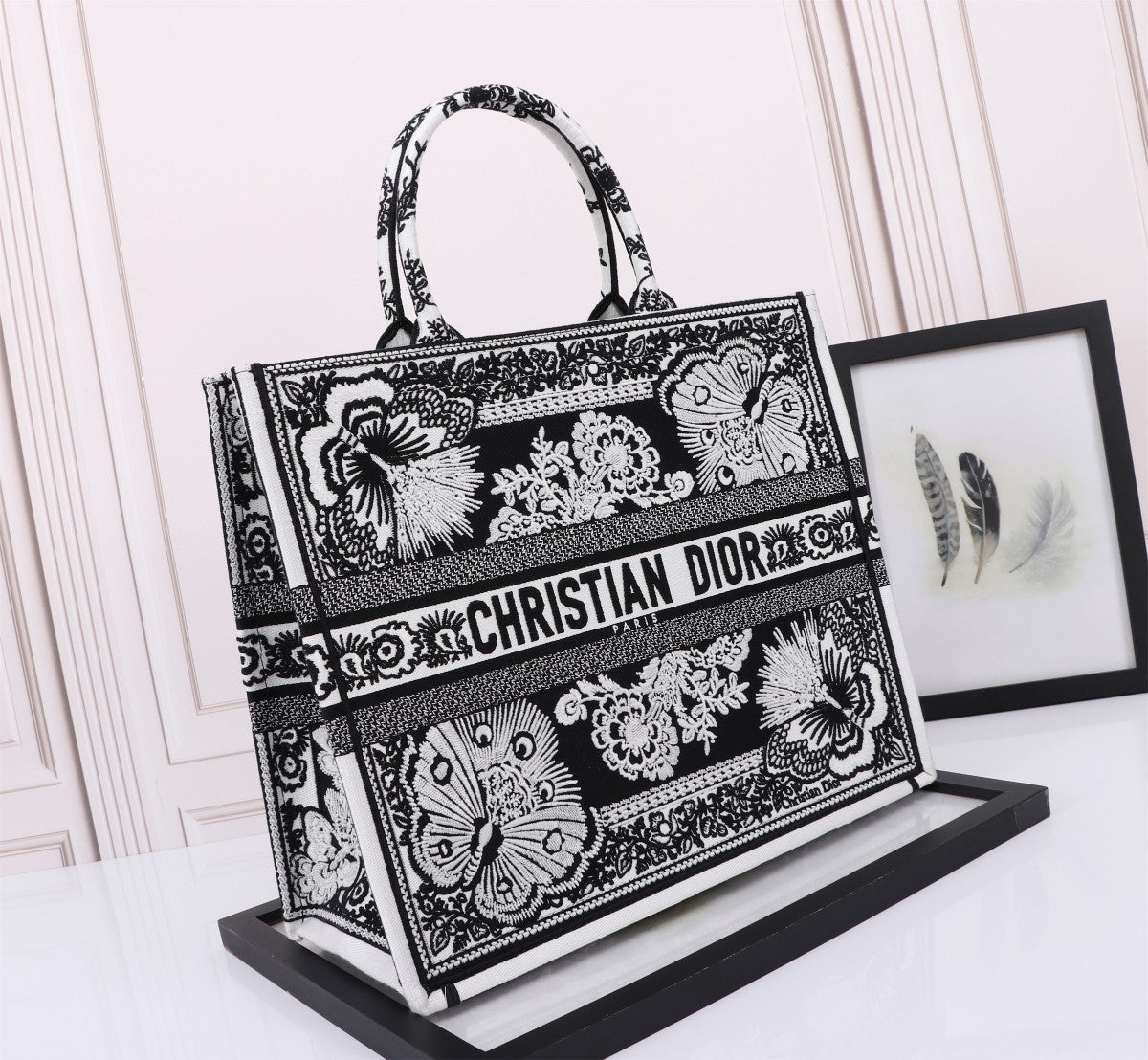 Christian Dior Book Tote Black and White Butterfly Embroidery