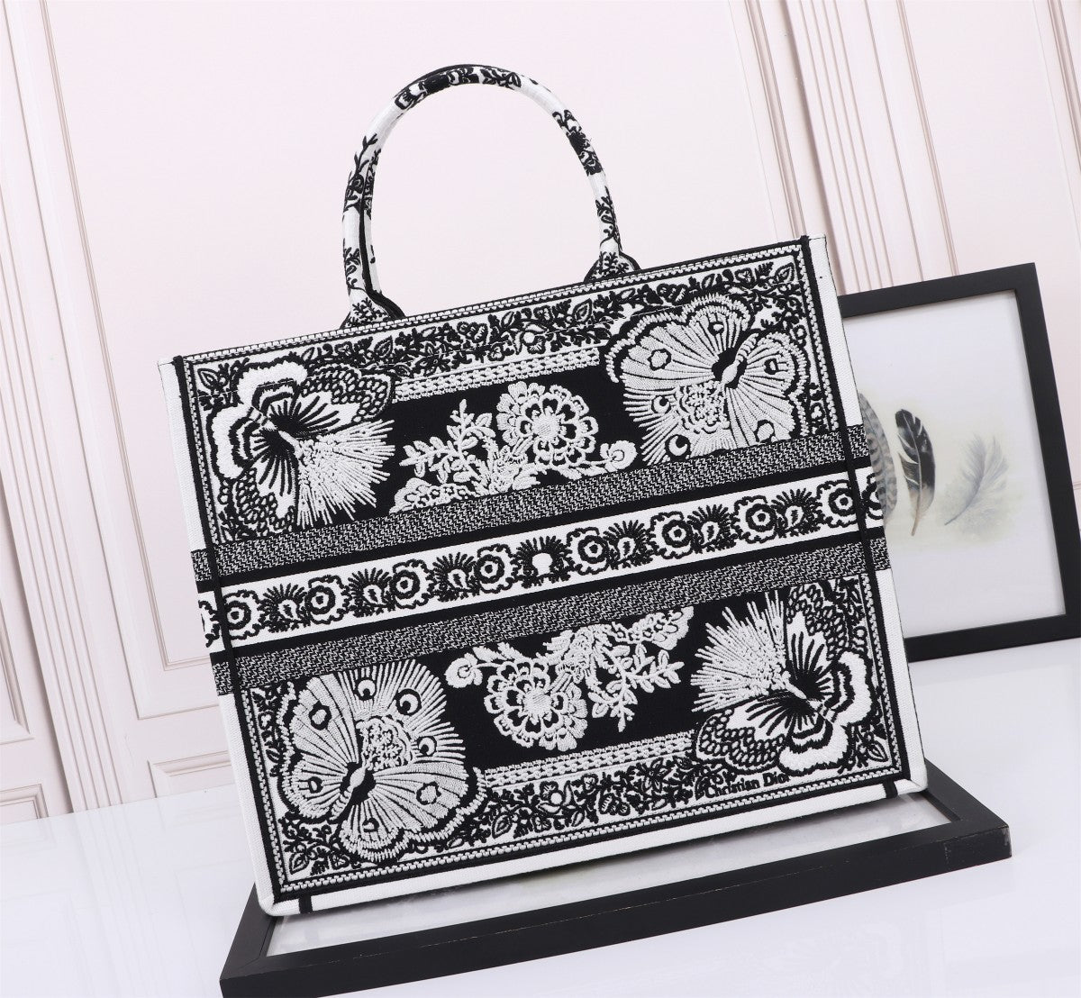 Christian Dior Book Tote Black and White Butterfly Embroidery