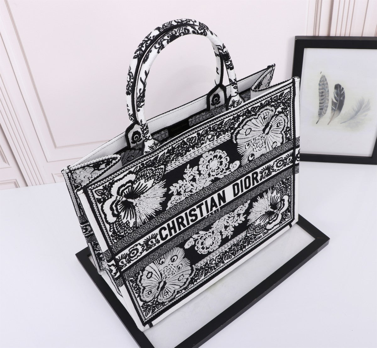 Christian Dior Book Tote Black and White Butterfly Embroidery