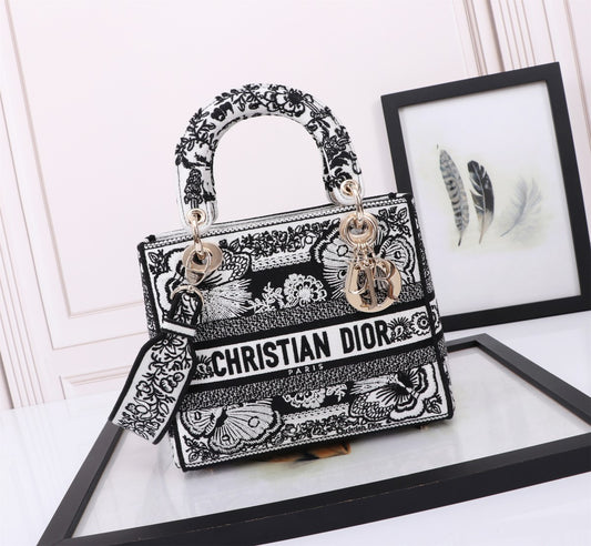 Dior Vintage Black and White Embroidered Canvas Top Handle Handbag