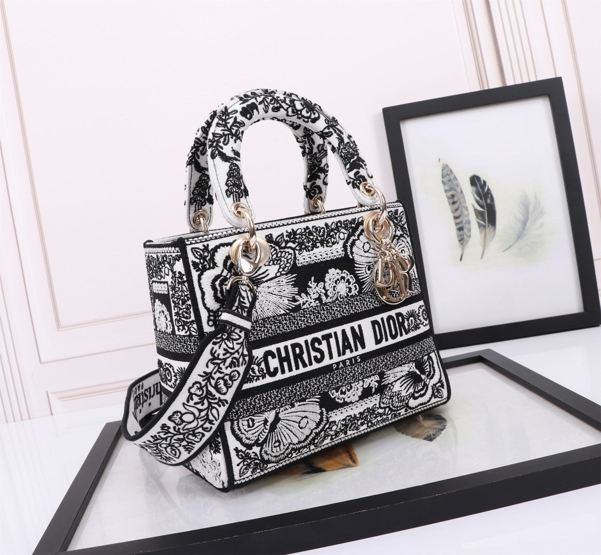 Dior Black and White Floral Embroidered Canvas Top Handle Handbag