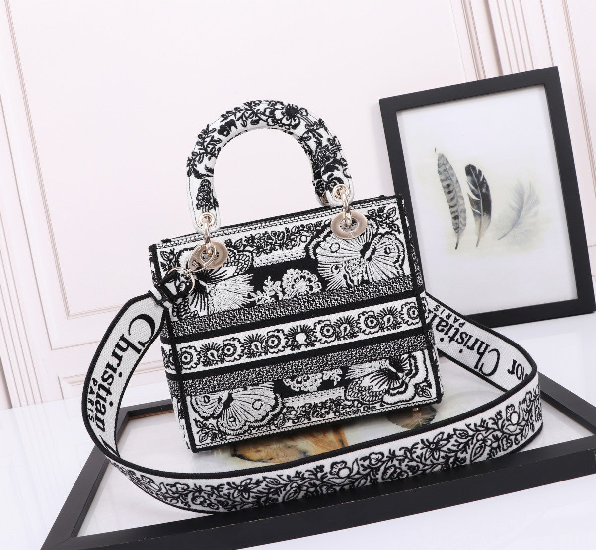 Dior Black and White Floral Embroidered Canvas Top Handle Handbag