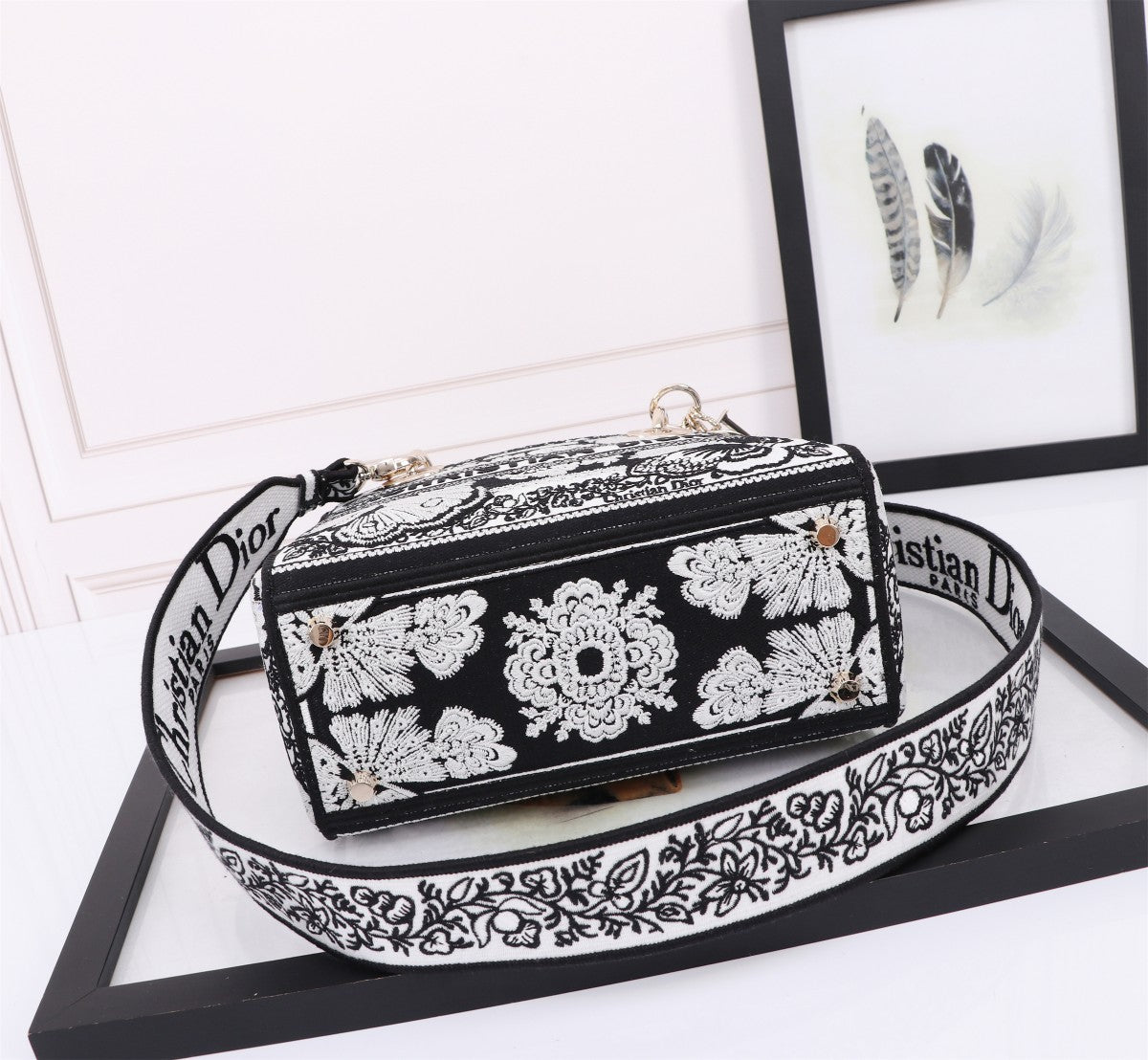 Dior Black and White Floral Embroidered Canvas Top Handle Handbag