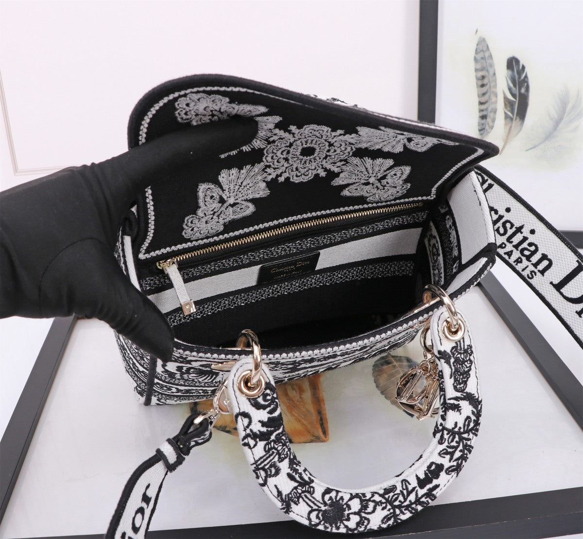 Dior Black and White Floral Embroidered Canvas Top Handle Handbag