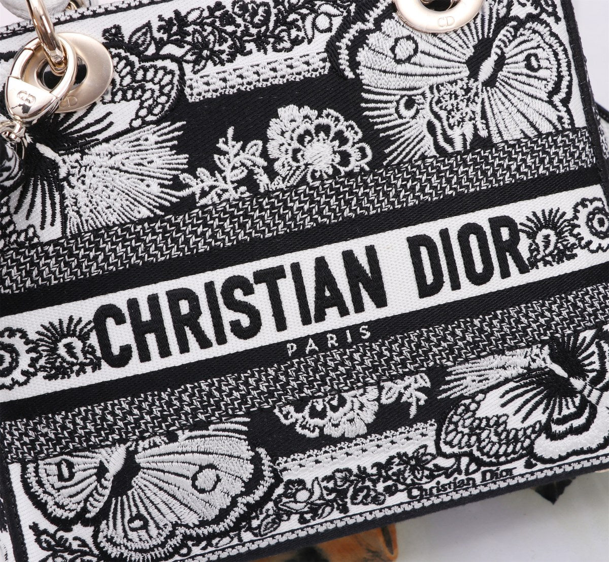 Christian Dior Lady D-Lite Black and White Embroidered Handbag