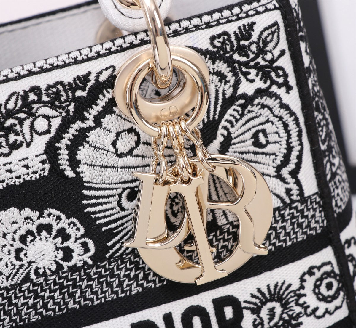 Dior Black and White Floral Embroidered Canvas Top Handle Handbag
