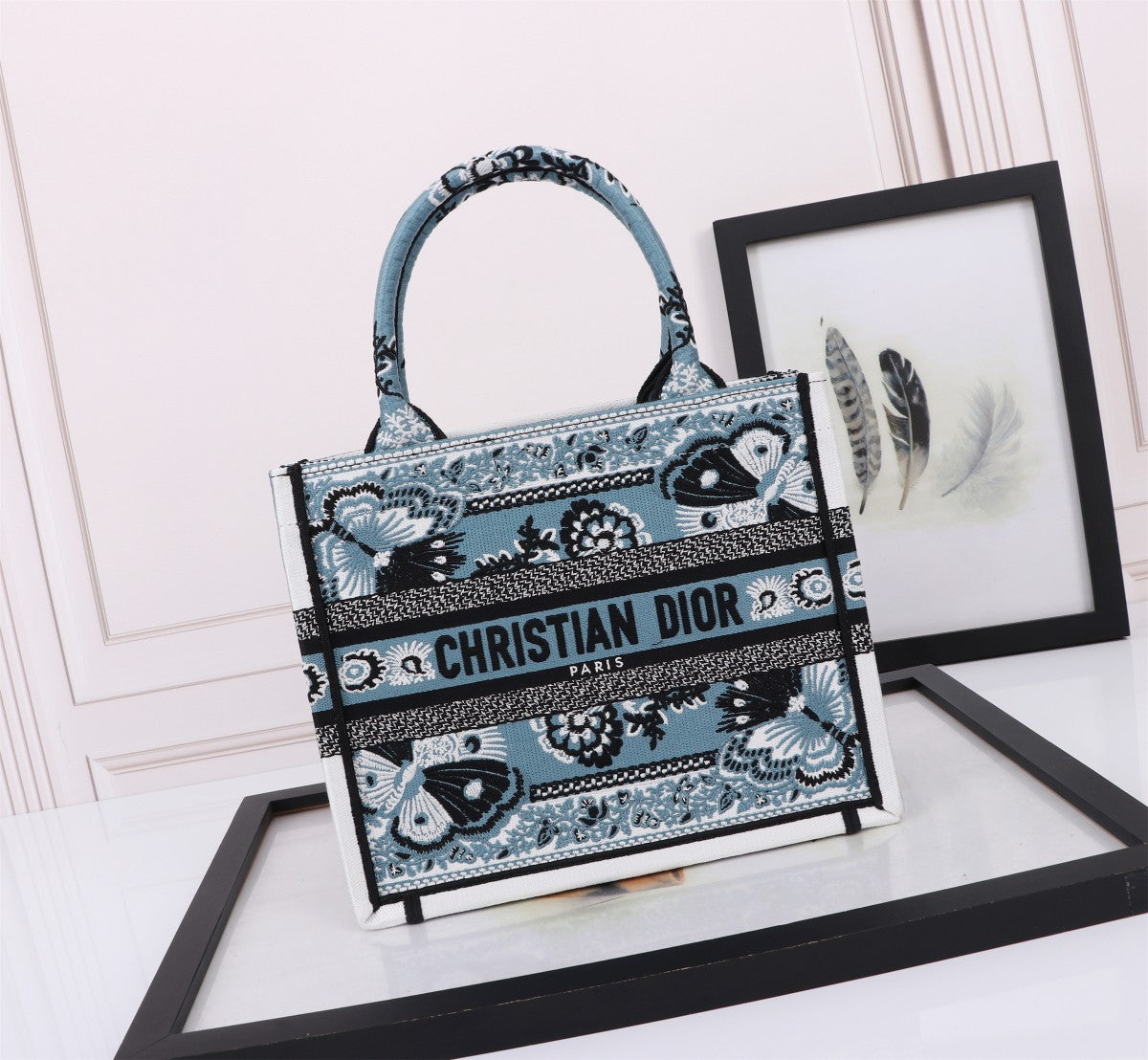 Dior Vintage Blue Floral Embroidered Tote Bag Structured Handbag