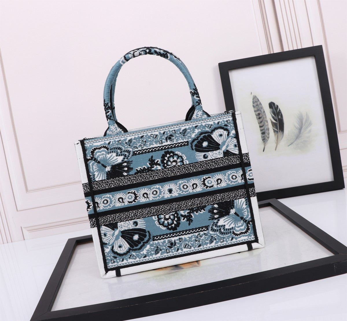 Dior Vintage Blue Floral Embroidered Tote Bag Structured Handbag