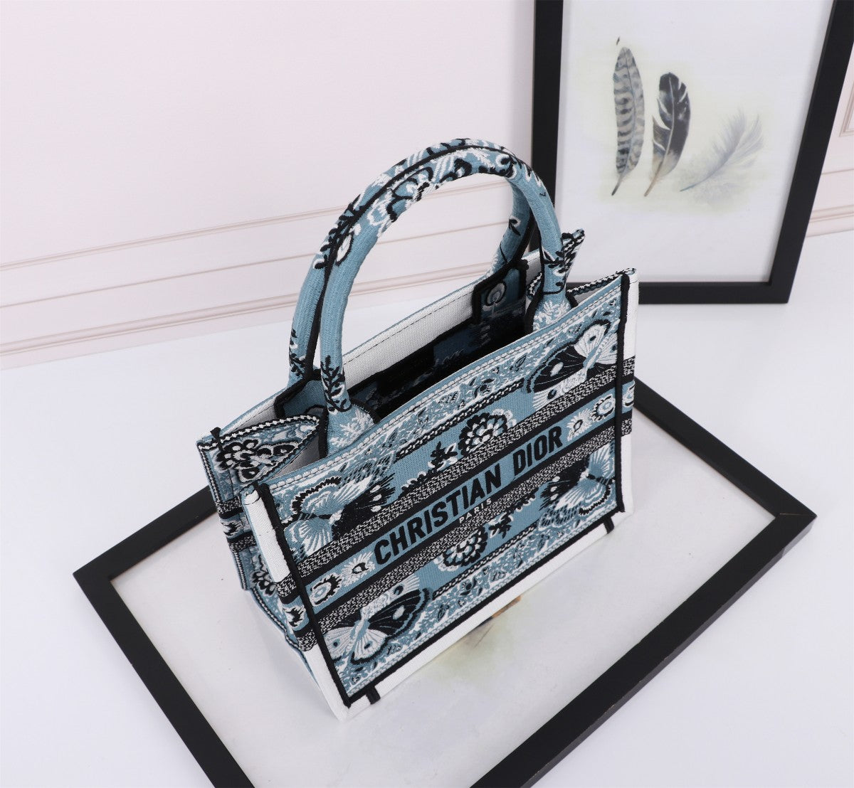 Dior Vintage Blue Floral Embroidered Tote Bag Structured Handbag