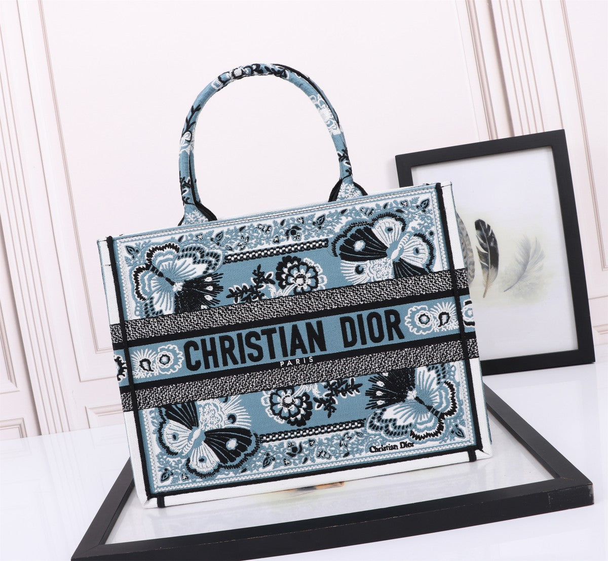 Dior Blue Butterfly Embroidered Canvas Tote Bag with Top Handles
