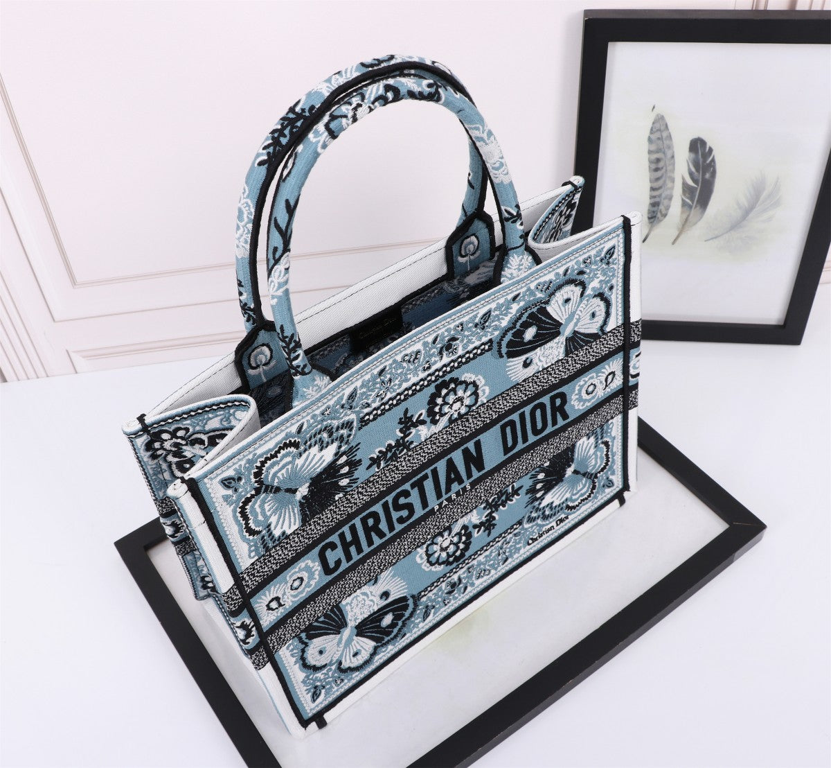 Christian Dior Medium Book Tote Butterfly Embroidered Handbag - Blue/White