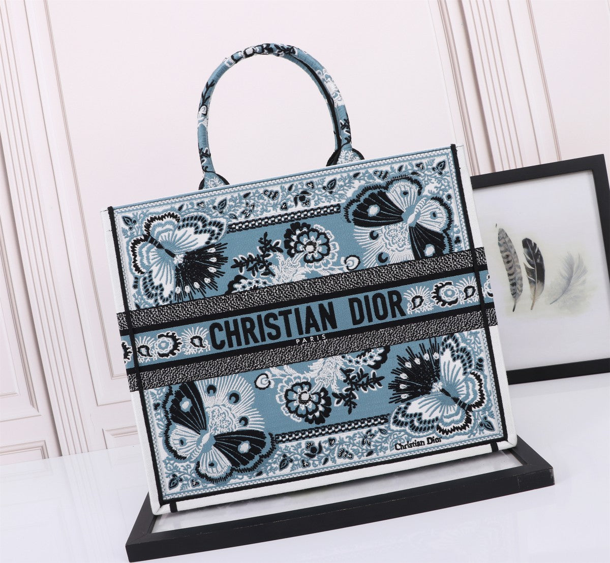 Dior Blue Butterfly Floral Embroidered Canvas Tote Bag Luxury Handbag
