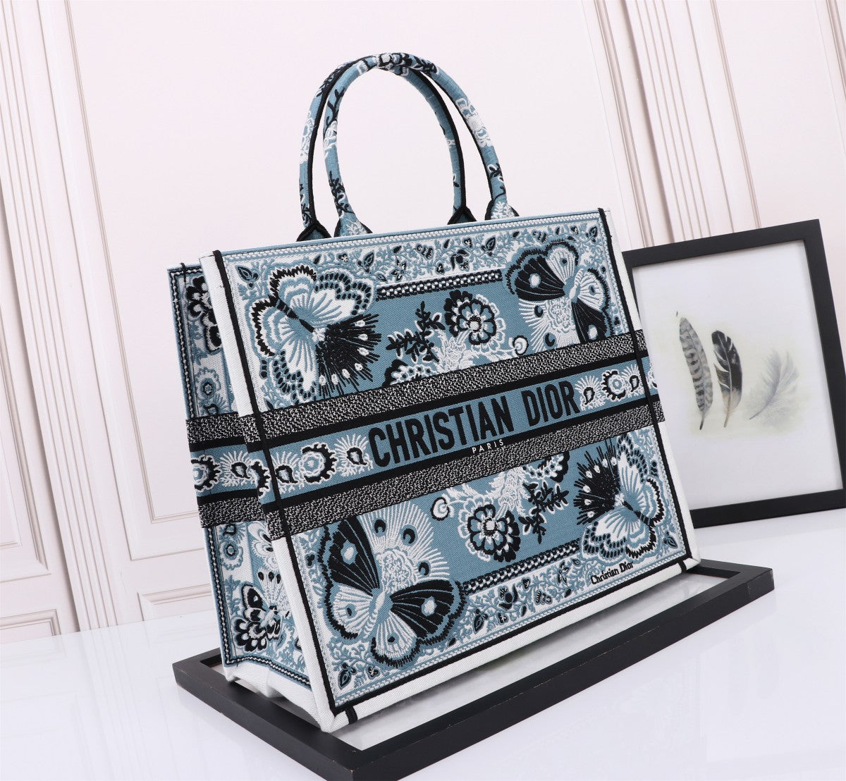 Christian Dior Blue Butterfly Embroidered Book Tote Bag