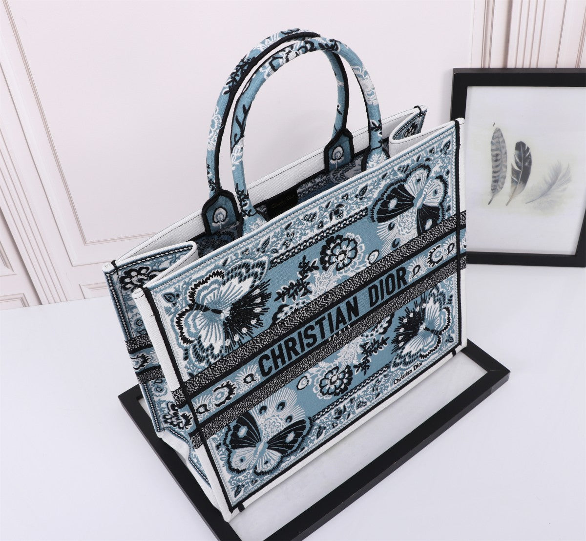 Christian Dior Blue Butterfly Embroidered Book Tote Bag
