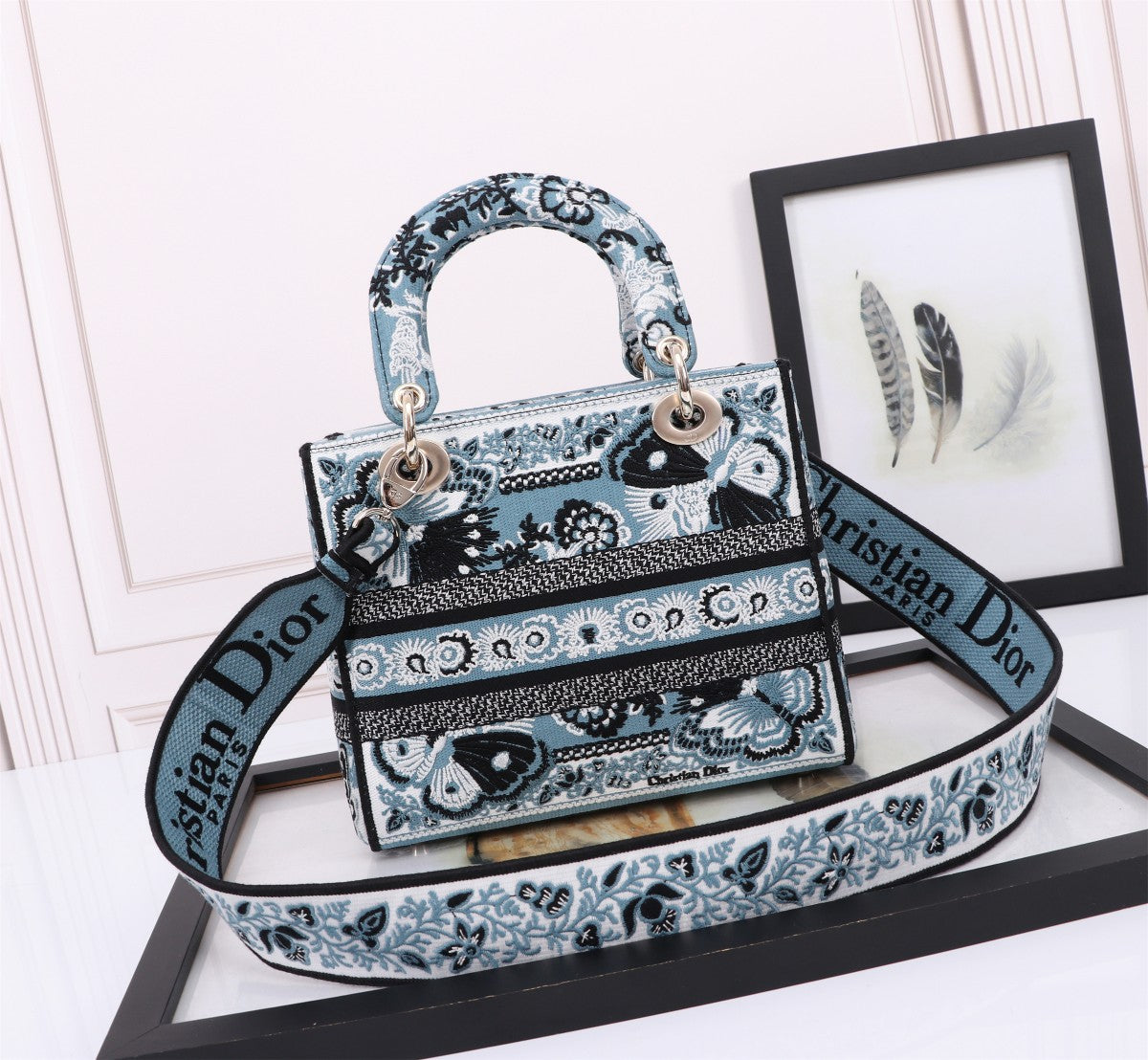 Dior Elegant Blue Floral Embroidered Canvas Top Handle Bag