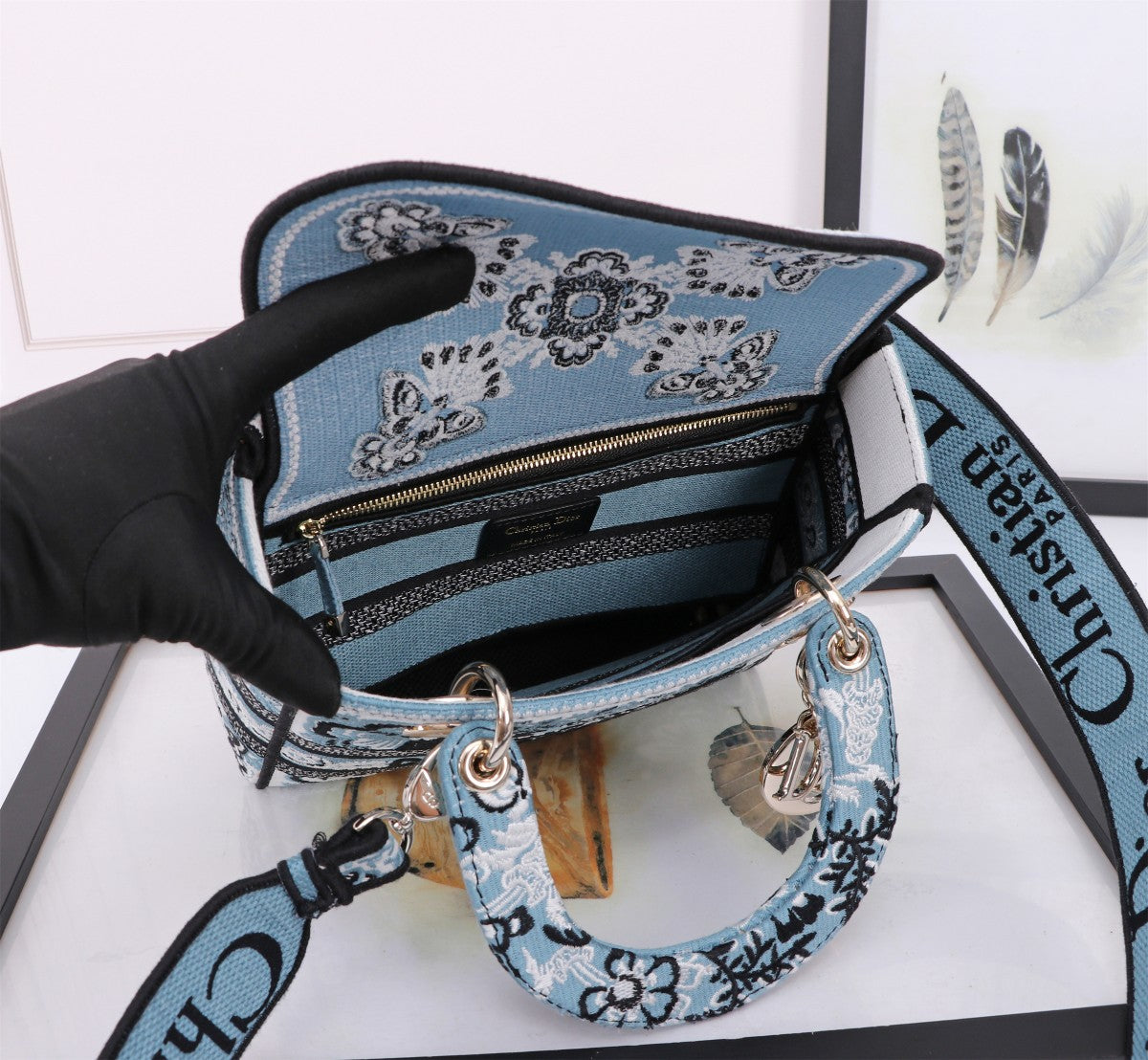 Dior Elegant Blue Floral Embroidered Canvas Top Handle Bag