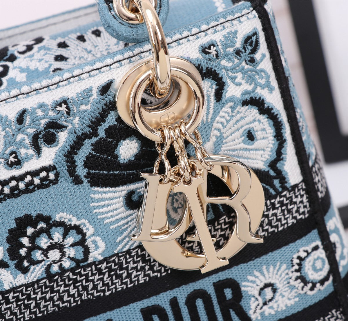 Dior Blue Embroidered Floral Canvas Top Handle Handbag with Strap