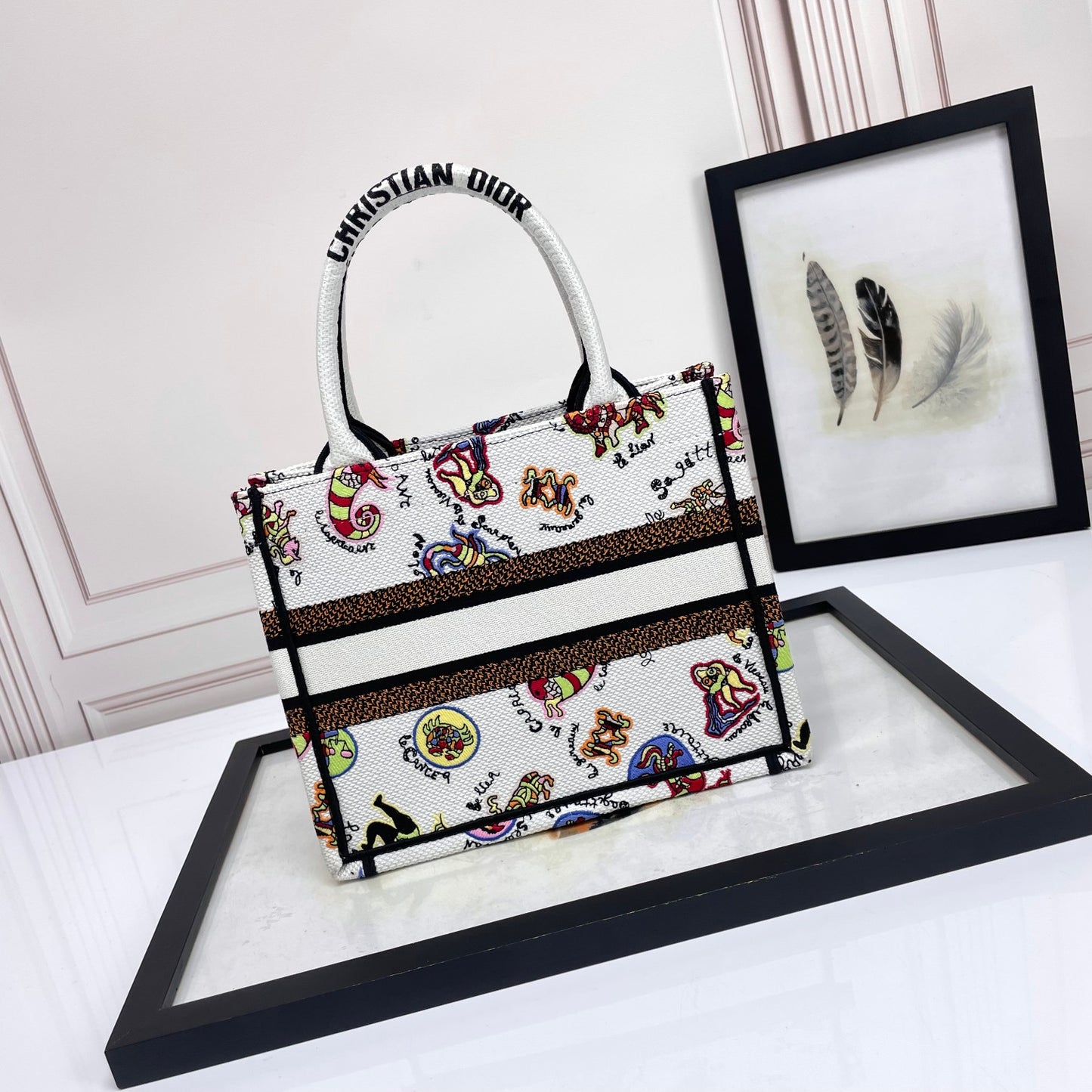 Dior Whimsical Cartoon Pattern Canvas Handbag Tote with Top Handles
