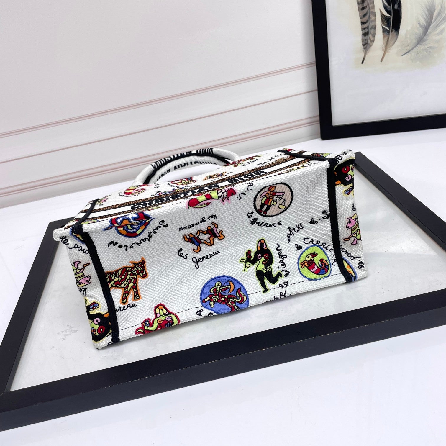 Dior Whimsical Cartoon Pattern Canvas Handbag Tote with Top Handles