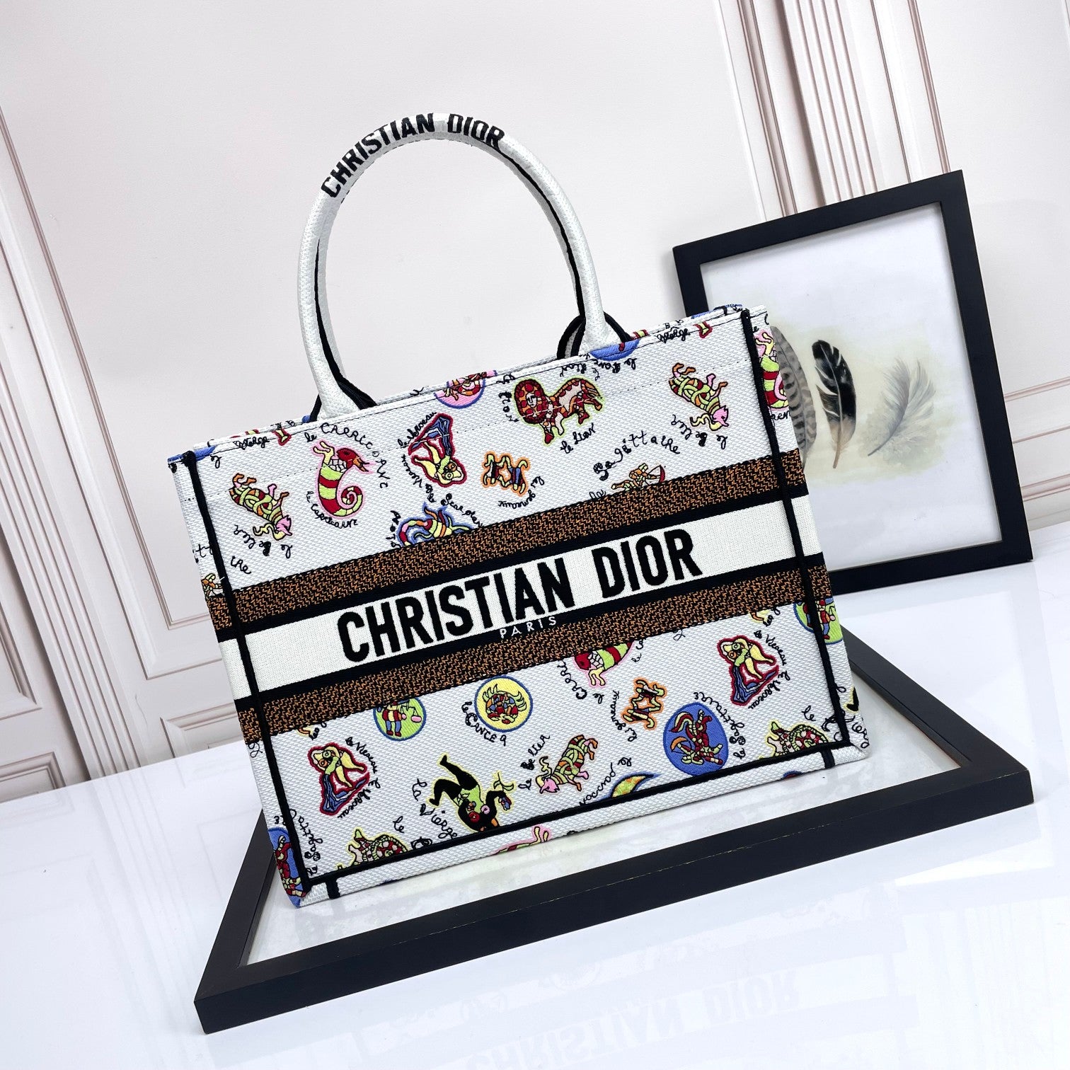 Dior Colorful Cartoon Print Canvas Top Handle Tote Handbag