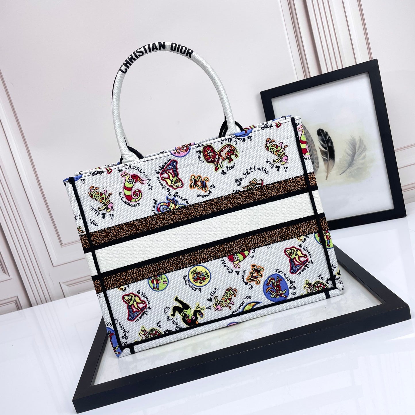 Christian Dior Medium Book Tote - White Multicolor Animal Print Embroidered Canvas Bag