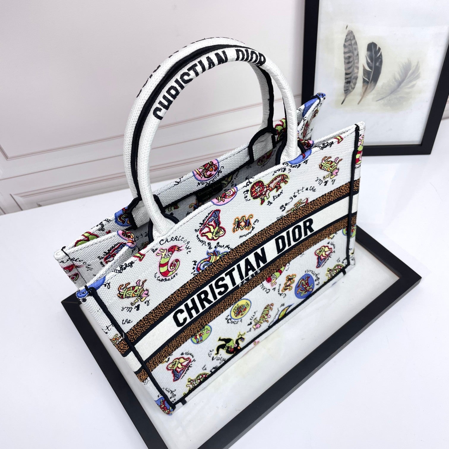 Christian Dior Medium Book Tote - White Multicolor Animal Print Embroidered Canvas Bag