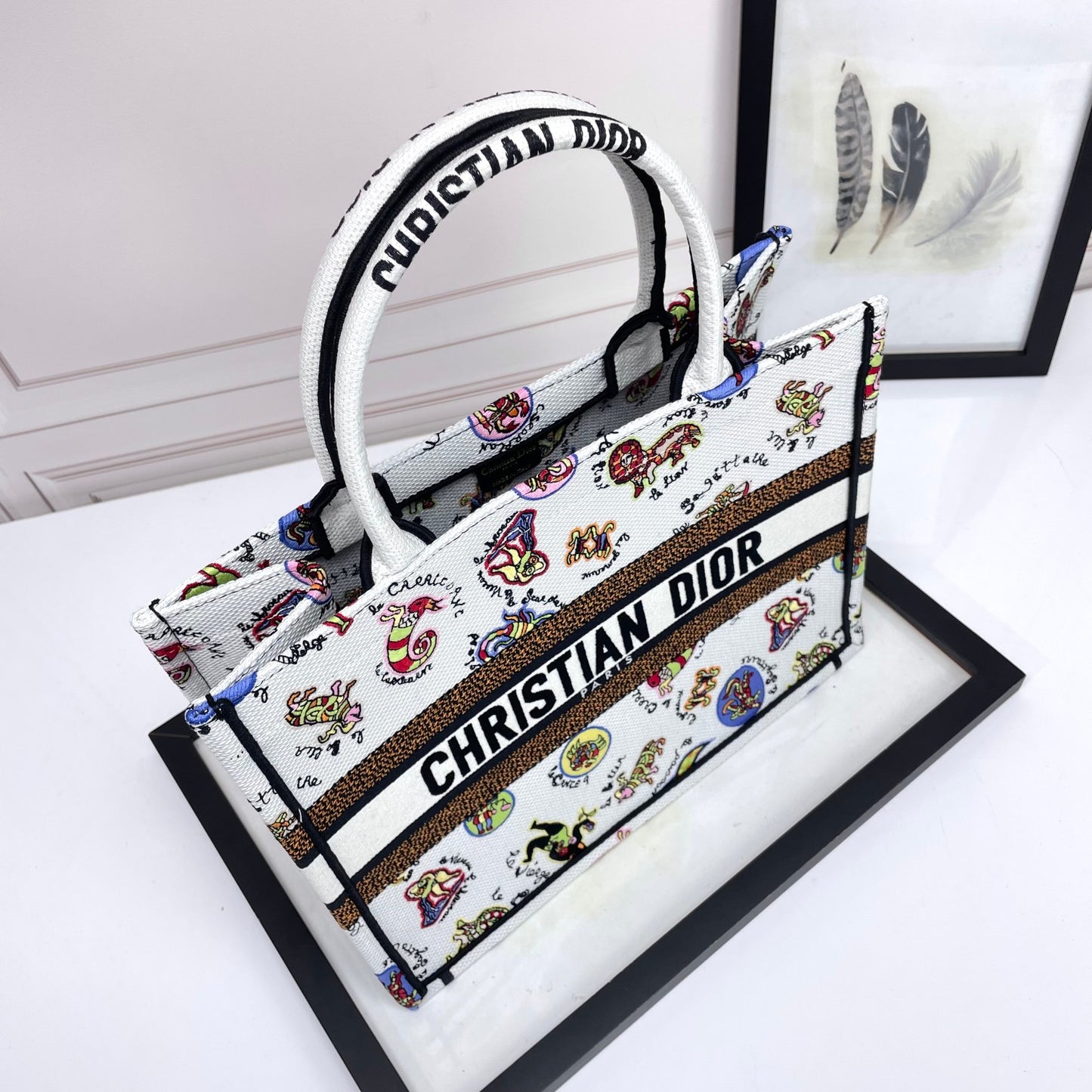 Dior Colorful Cartoon Print Canvas Top Handle Tote Handbag