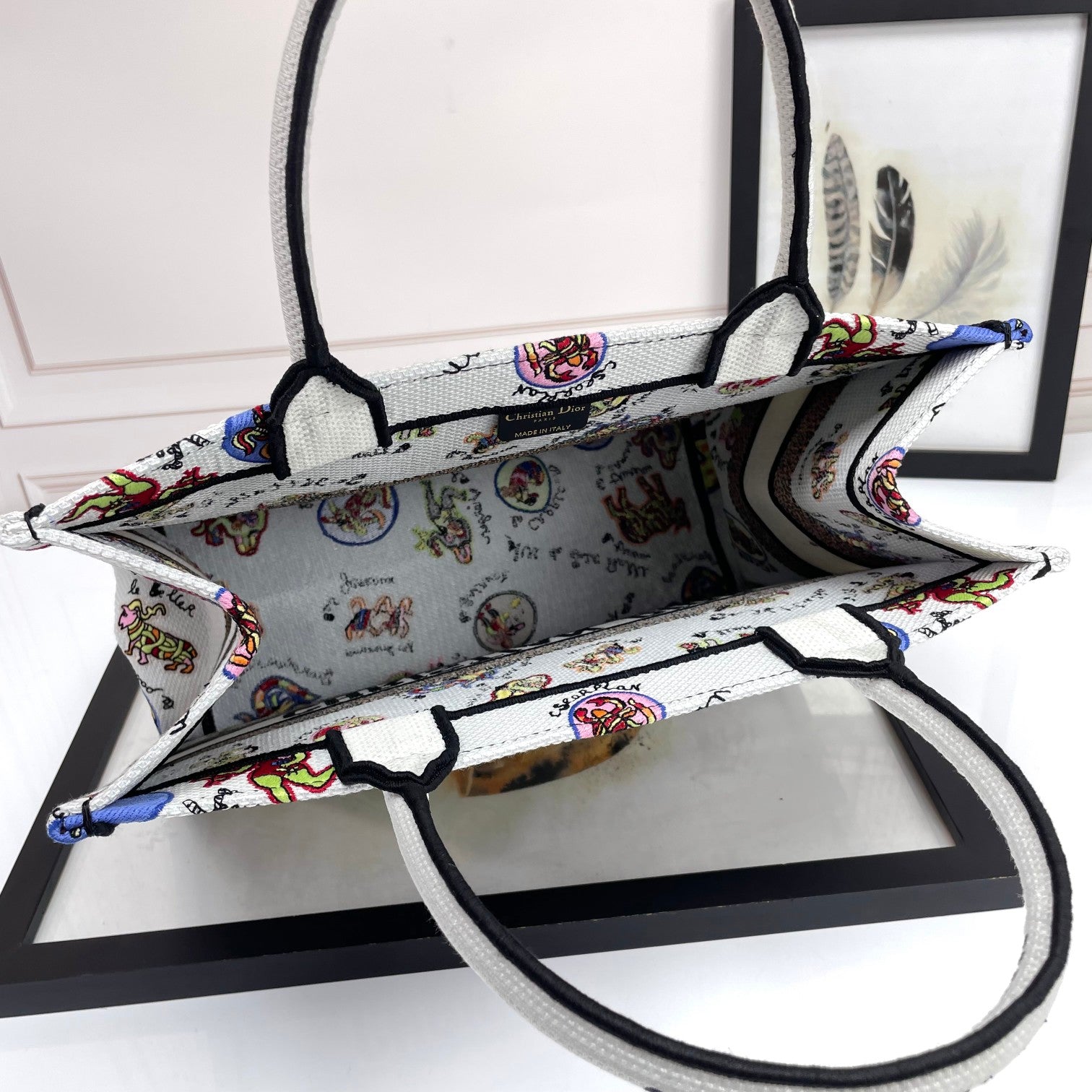 Dior Colorful Cartoon Print Canvas Top Handle Tote Handbag