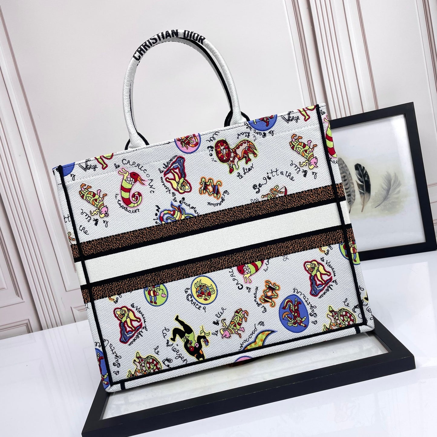 Dior Colorful Cartoon Animal Print Canvas Tote Bag with Top Handles