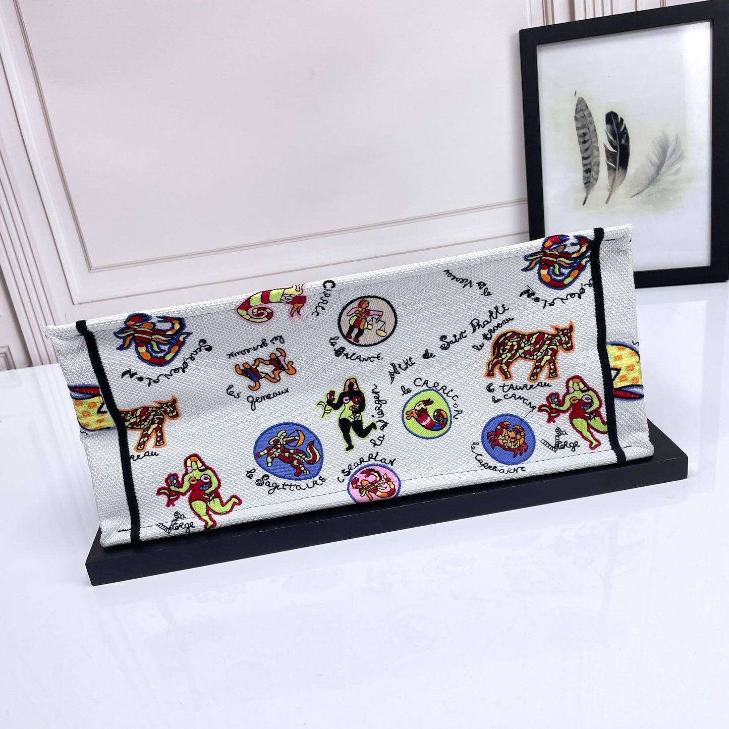 Dior Colorful Cartoon Animal Print Canvas Tote Bag with Top Handles