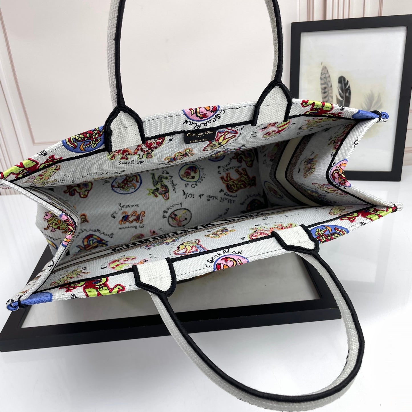 Dior Colorful Cartoon Animal Print Canvas Tote Bag with Top Handles