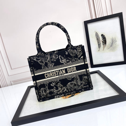 Dior Elegant Black and White Butterfly Pattern Canvas Tote Handbag