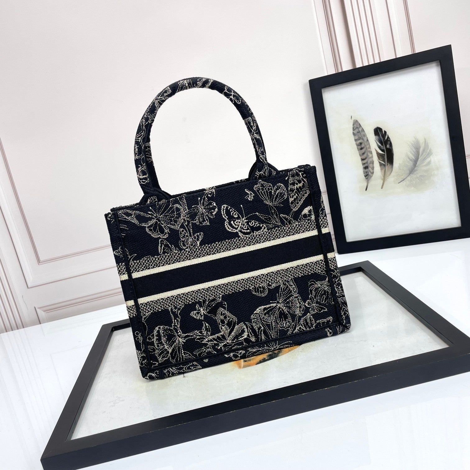 Christian Dior Book Tote Butterfly Around Embroidery Black and White Handbag