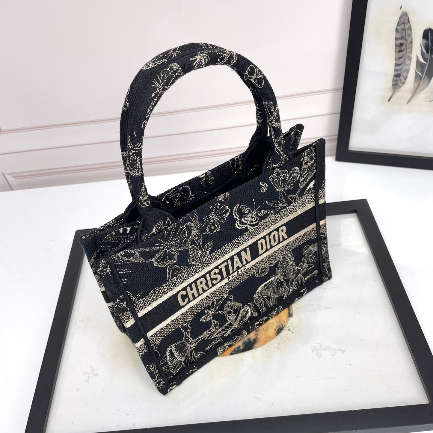 Christian Dior Book Tote Butterfly Around Embroidery Black and White Handbag