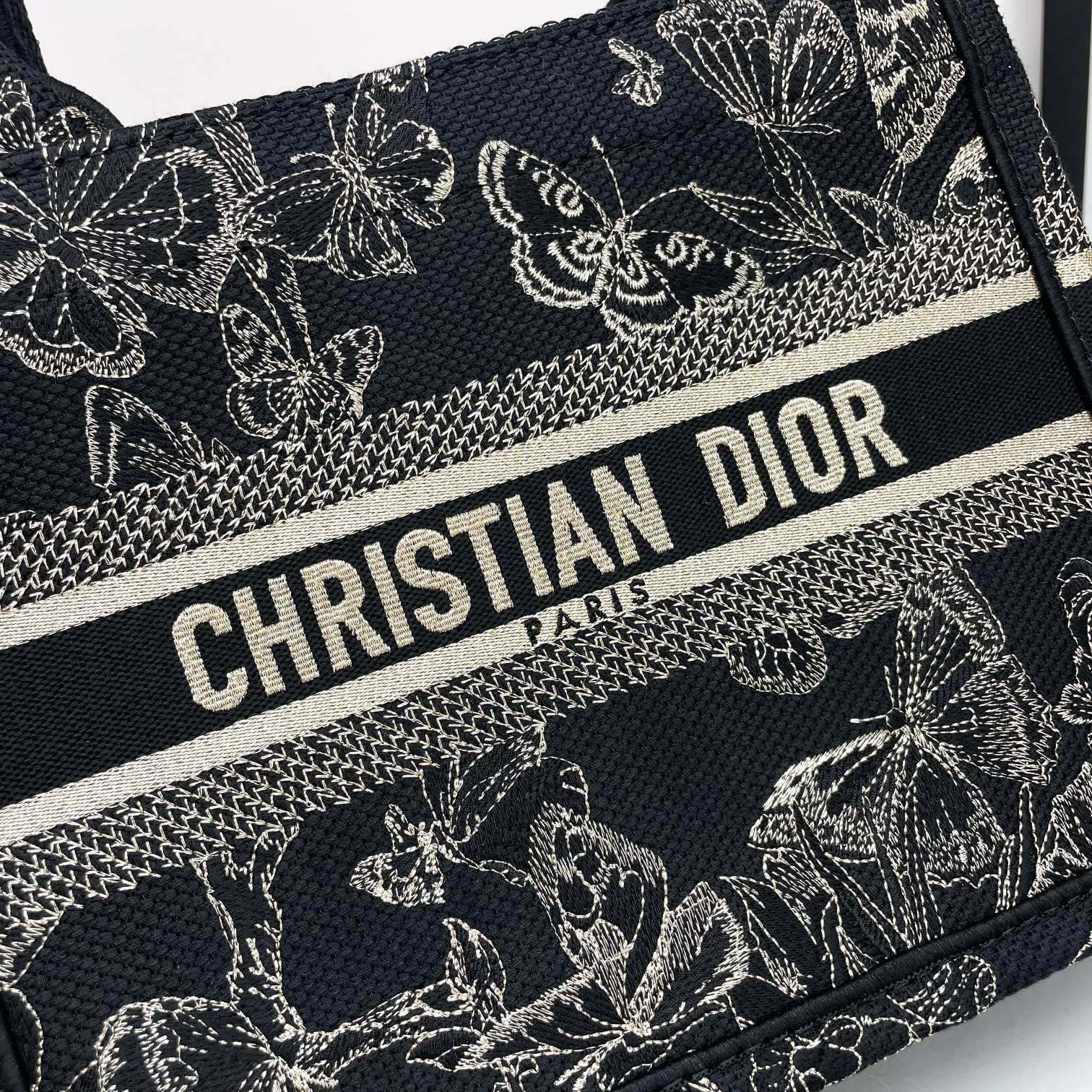 Dior Elegant Black and White Butterfly Pattern Canvas Tote Handbag