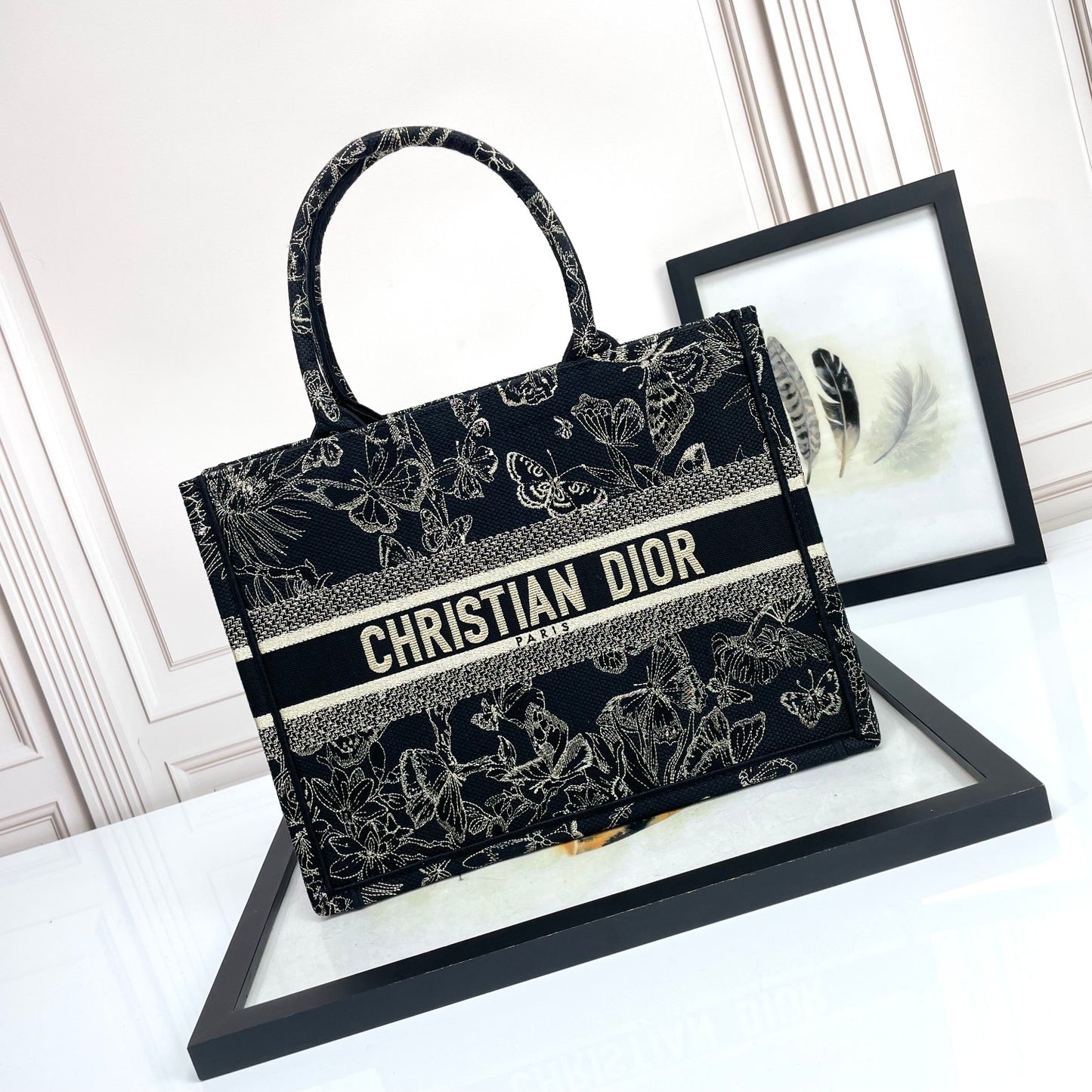 Christian Dior Medium Book Tote Black and Beige Butterfly Embroidered Canvas
