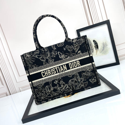 Dior Black and White Embroidered Butterfly Floral Canvas Tote Bag