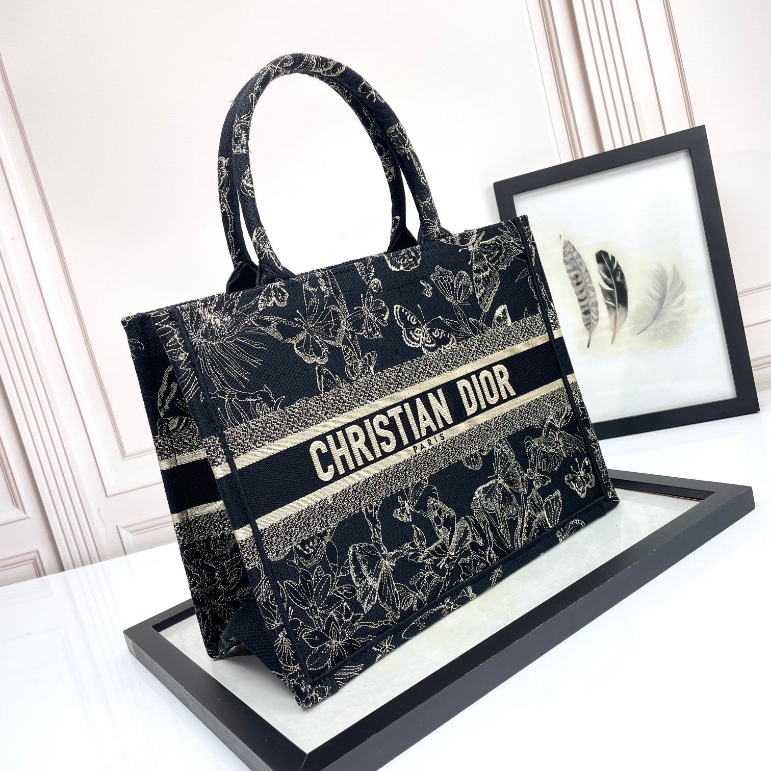 Dior Black and White Embroidered Butterfly Floral Canvas Tote Bag
